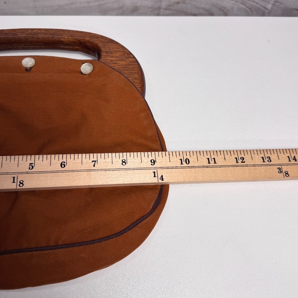 Vintage Wood Handle Bermuda Burnt Orange Faux Suede Button Detail Retro Bag - Picture 4 of 5